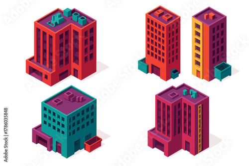Brutalist Skyscraper Silhouettes. Isometric vector illustration set Skyscraper silhouettes – brutalist highrise blocks, concrete