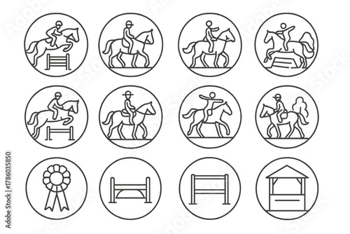 Equestrian Sports Icons. Line style icons of equestrian sports in round shape: show jumping, dressage, eventing, cross-country;