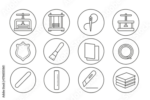 Bookbinding Tools Icons. Line style round vector icons of Bookbinding: Book Press, Sewing Frame, Needle and Thread, Book Clamp;