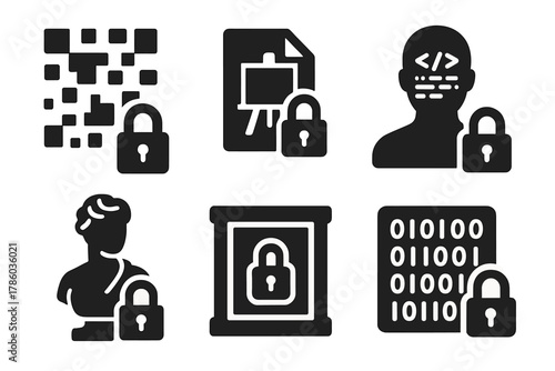 Encrypted Digital Art Icons. Solid style icons of encrypted digital artworks: scrambled pixel painting, locked file canvas,