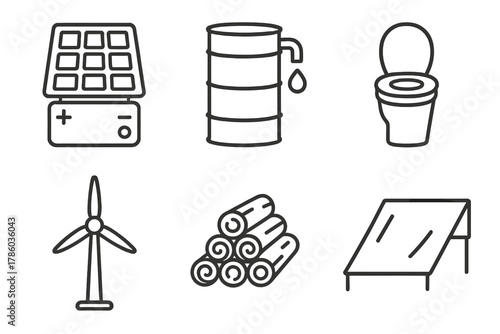Off-Grid Living Icons. Line style icons of off-grid living tools: solar battery bank, water catchment barrel, composting toilet,