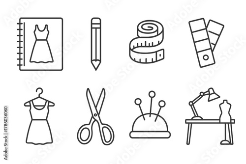 Fashion Studio Icons. Line style icons of Fashion Studio: Sketchbook, Pencil, Tape Measure, Color Palette, Dress on Hanger, Fabric