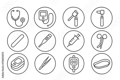 Medical Tools Icons. Line style round vector icons of Medical Tools: Stethoscope, Blood Pressure Monitor, Otoscope, Reflex Hammer;