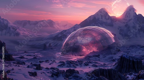 Fototapeta Naklejka Na Ścianę i Meble -  A futuristic dome structure in a snowy landscape with mountains and sunset sky