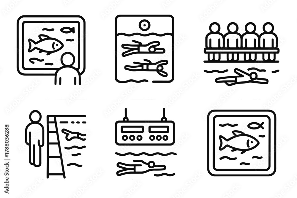 Obraz premium Underwater Viewing Icons. Line style icons of underwater spectatorship: view from glass window, top-down camera angle, team bench