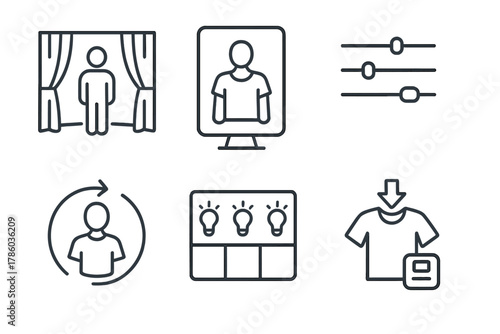 Virtual Fashion Icons. Line style icons of virtual showroom and try-on: avatar try-on room, mirror with AR garment, size adjust