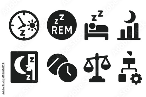 Sleep Cycle Icons. Solid style icons of sleep cycle optimization: circadian rhythm icon, REM ring badge, deep sleep glyph. Sleep