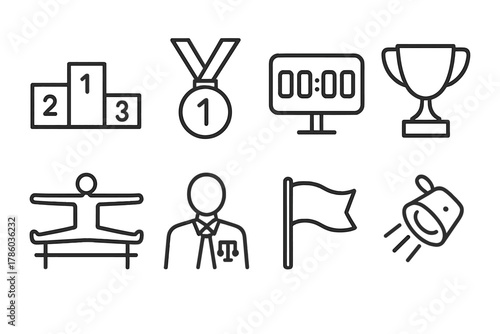 Gym Competition Icons. Line style icons of Gym Competition: Podium, Medal, Scoreboard, Trophy, Gymnast, Judge, Flag, Spotlight, No