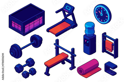 Vibrant Nighttime Gym Scene. Isometric vector illustration set Urban nightlife – late-night gym, treadmill, free weights; bench