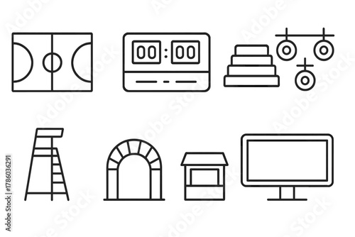 Indoor Arena Icons. Line style icons of Indoor Arena: Court, Scoreboard, Bleachers, Lights, Referee Stand, Entrance Gate, Ticket