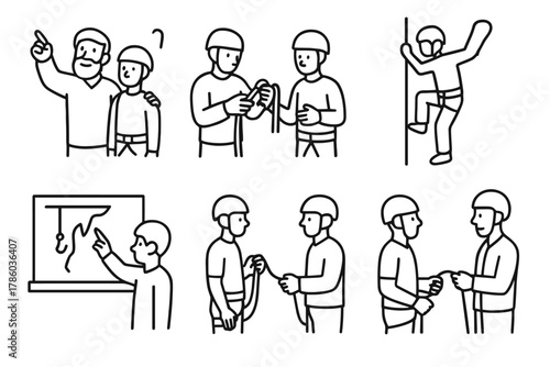 Climbing Mentorship Icons. Line style icons of mentorship and learning: experienced guide teaching, rope skills demo, youth