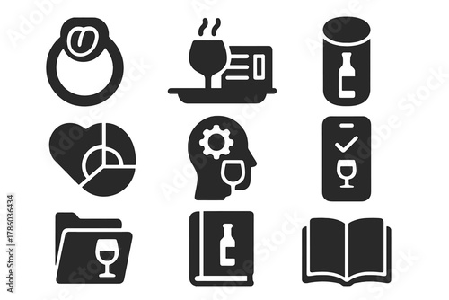 Flavor Memory Icons. Solid style icons of flavor memory and archives: taste memory ring, sip history tray, wine recall capsule.
