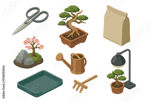 Bonsai Gardening Essentials. Isometric vector illustration set of Bonsai gardening: repotting scissors, tanuki bonsai, mulch