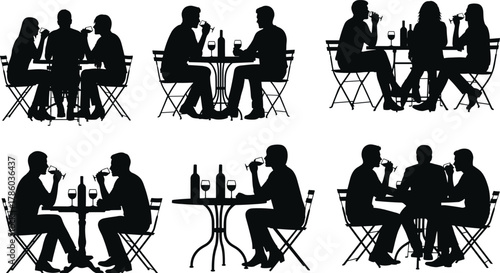Silhouette vector illustration of people sitting at café tables, drinking wine, talking, socializing, relaxing, sharing moments, companionship, leisure, interaction
