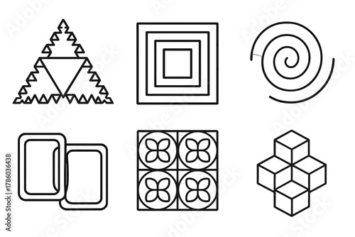 Recursive Pattern Icons. Line style icons of recursive visuals: self-repeating shapes, nested squares, looped spirals, mirror