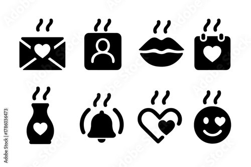 Scented Dating Icons. Solid style icons of scent in dating and communication: romantic message with smell, scent-based profile,