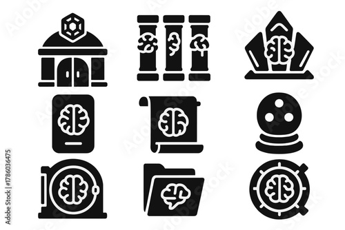 Psionic Archive Icons. Solid style icons of psionic archives: memory crystal vaults, thought storage pillars, mind-record prisms.