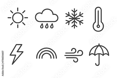 Weather Icons Collection. Line style icons of Weather: Sun, Rain Cloud, Snowflake, Thermometer, Lightning Bolt, Rainbow, Wind,