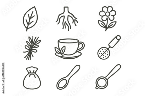 Herbal Medicine Icons. Line style icons of Herbal Medicine: Leaf, Root, Flower, Bundle of Herbs, Tea Cup, Infuser, Small Pouch,