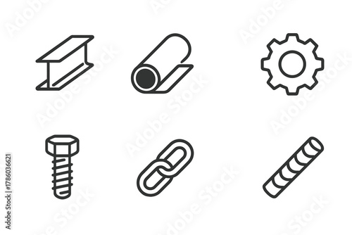 Metalwork Icons Collection. Line style icons of Metalwork: steel beam, pipe, sheet metal, gear, bolt, nut, chain, rebar, No text,