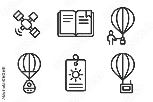 High-Altitude Balloon Icons. Line style icons of High-Altitude Ballooning: satellite tracking icon, launch day logbook, balloon