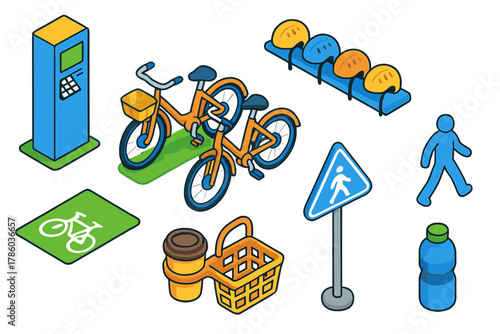 Climate Action Icons. Isometric vector illustration set Climate action – bike share station, docked bicycles, helmet rack; bike