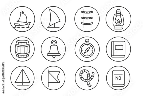 Traditional Sailing Icons. Line style round vector icons of Traditional Sailing: Wooden Hull, Canvas Sail, Rope Ladder, Oil