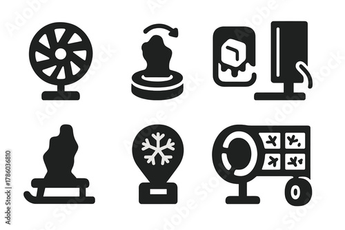 Frosted Motion Icons. Solid style icons of kinetic frozen displays: spinning frost wheel, rotating sculpture base, moving melt