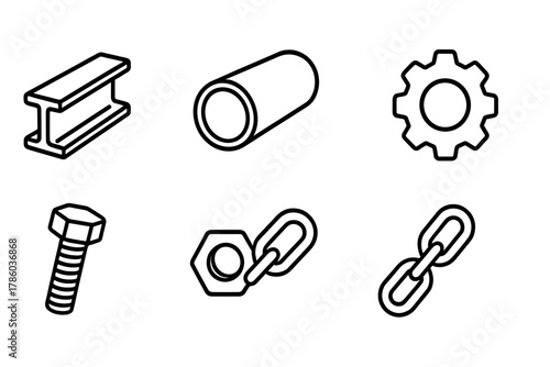 Metalwork Icons Collection. Line style icons of Metalwork: steel beam, pipe, sheet metal, gear, bolt, nut, chain, rebar, No text,
