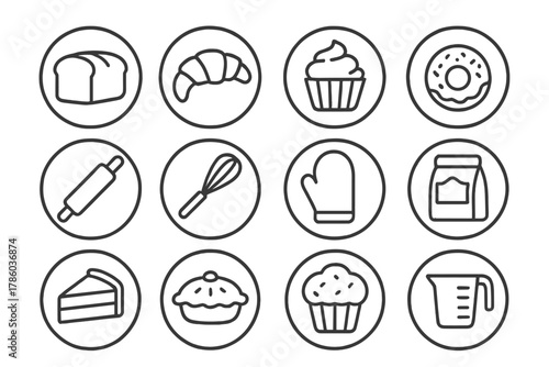 Bakery Icons Collection. Line style round vector icons of Bakery: Bread Loaf, Croissant, Cupcake, Donut; Rolling Pin, Whisk, Oven