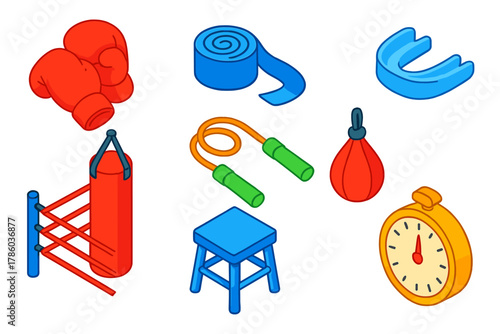 Outdoor Sports Gear. Isometric vector illustration set Outdoor sports – boxing gloves, hand wraps, mouthguard; punching bag, jump