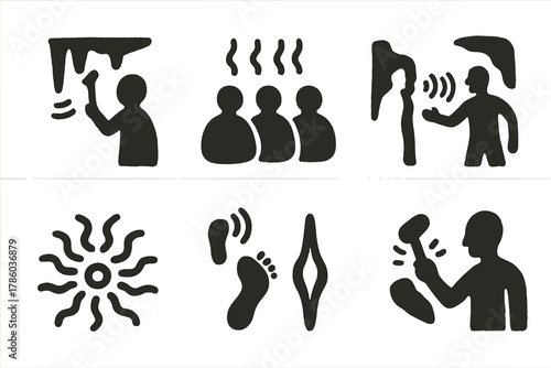 Prehistoric Sonic Ritual Icons. Solid style icons of sound rituals in prehistoric caves: stalactite tapping, humming figures, echo