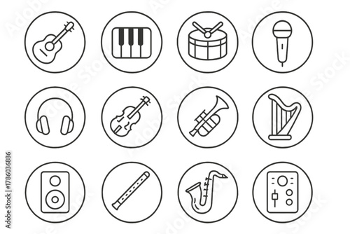 Music Instrument Icons. Line style circular vector icons of Music: Guitar, Piano, Drum, Microphone; Headphones, Violin, Trumpet,