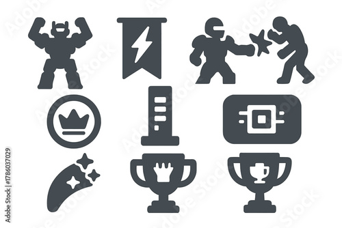 Victory Icons Collection. Solid style icons of victory and domination: triumphant mech icon, energy banner badge, final blow panel
