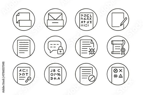 Secret Message Icons. Line style icons of secret messages in round shape: folded message, hidden letter, scrambled text, invisible