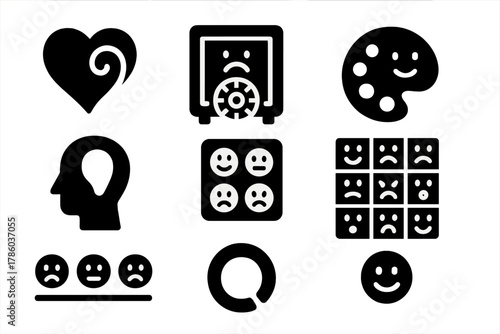 Emotional Icons Collection. Solid style icons of tattoo emotion libraries: love swirl bank, pain symbol vault, joy arc palette.