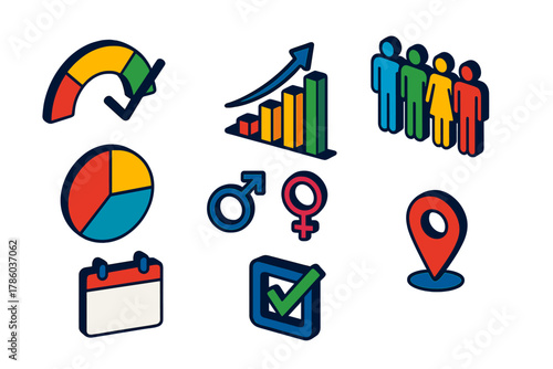 Voting Icons Illustration. Isometric vector illustration set Voting and elections – voter turnout gauge, rising bar graph, color