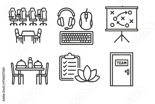 Esports Bootcamp Icons. Line style icons of esports bootcamp setups: team room layout, gear station icons, tactical screen