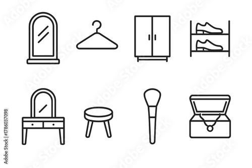 Dressing Room Essentials. Line style icons of Dressing Room: Mirror, Hanger, Wardrobe, Shoe Rack, Vanity Table, Stool, Makeup