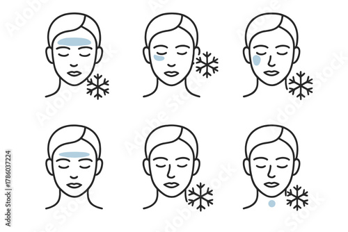 Cryotherapy Facial Icons. Line style icons of facial zones in cryotherapy: icy brow arch, chilled under-eye area, cool cheeks flow