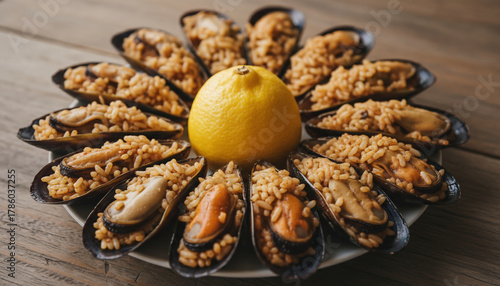 A close-up of traditional Istanbul street food midye dolma, neatly arranged with rice-stuffed mussels and a fresh lemon centerpiece.