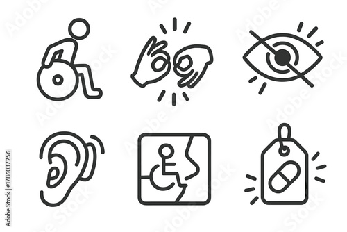 Special Needs Icons. Line style icons of special needs and accessibility: mobility assistance icon, sign language alert, vision
