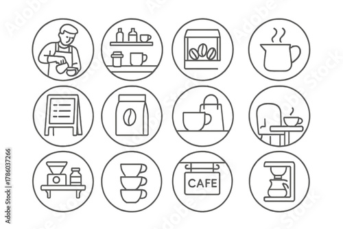 Coffee Shop Icons. Line style icons of coffee shop elements in round shape: barista pouring, coffee bar, bean display, steaming
