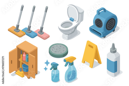 Isometric Cleaning Tools. Isometric vector illustration set of Cleaning Services: colored mop heads, toilet seat sanitizer, carpet