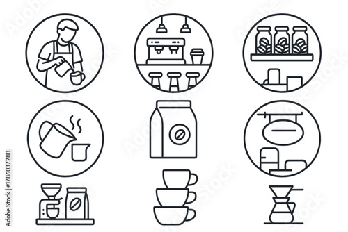 Coffee Shop Icons. Line style icons of coffee shop elements in round shape: barista pouring, coffee bar, bean display, steaming