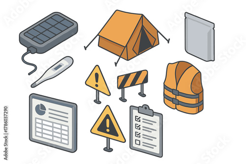 Disaster Relief Essentials. Isometric vector illustration set of Disaster relief: solar charging power bank, all-weather tent,