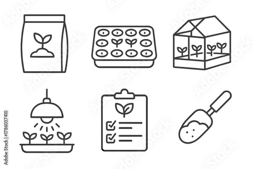 Homegrown Kit Icons. Line style icons of homegrown kits: starter seed pack, sprouting tray, mini greenhouse, grow light lamp,