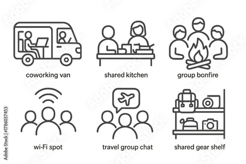Digital Nomad Icons. Line style icons of digital nomad community: coworking van, shared kitchen icon, group bonfire, Wi-Fi spot