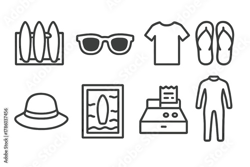 Surf Shop Icons. Line style icons of Surf Shop: Surfboard Rack, Sunglasses, T-shirt, Flip Flops, Hat, Poster, Cash Register,