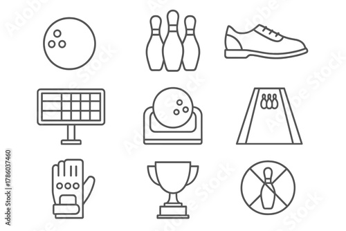 Bowling Icon Set. Line style icons of Bowling: Bowling Ball, Bowling Pins, Bowling Shoes, Score Screen, Ball Return, Alley Lane,